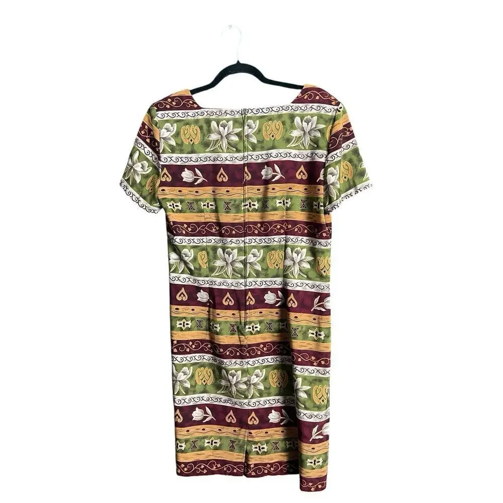 Vintage Sag Harbor Dress Women Size 12 Burgundy Green Yellow Square Neck Floral - Picture 2 of 6